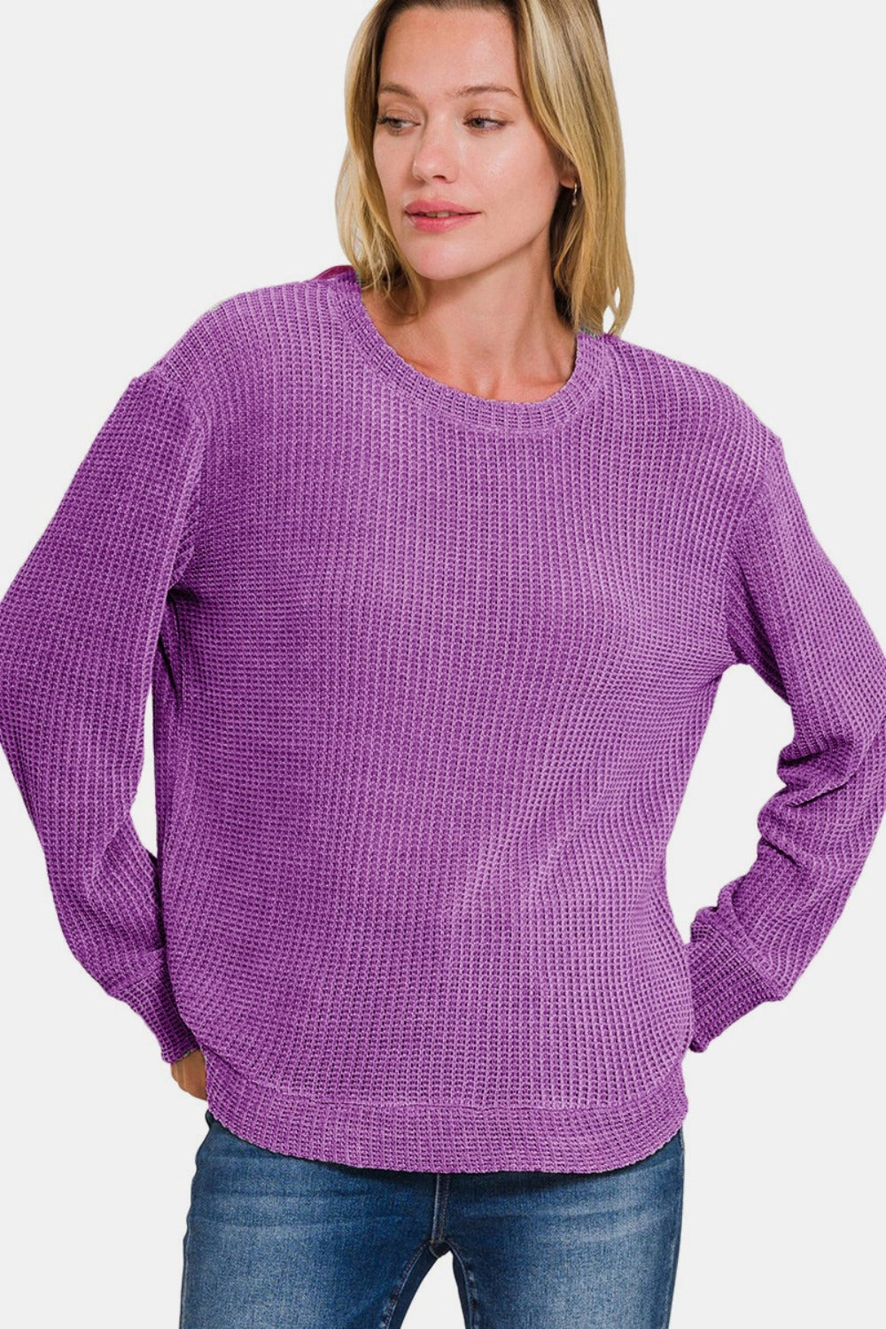 ZENANA CHENILLE WAFFLE ROUND NECK SWEATER-Thriftique Marketplace