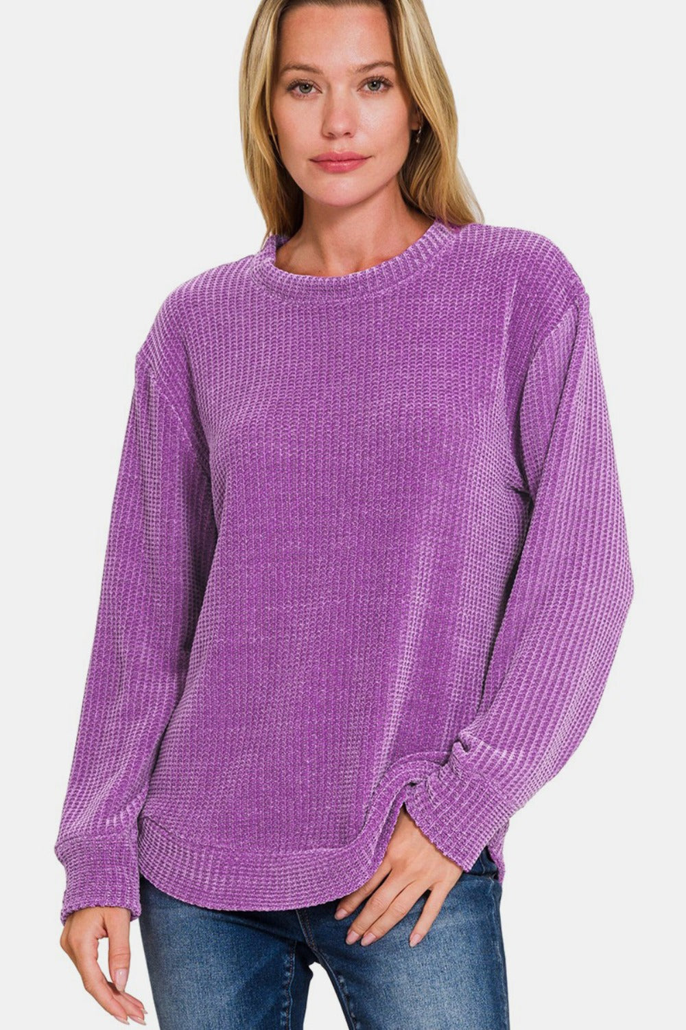 ZENANA CHENILLE WAFFLE ROUND NECK SWEATER-Thriftique Marketplace