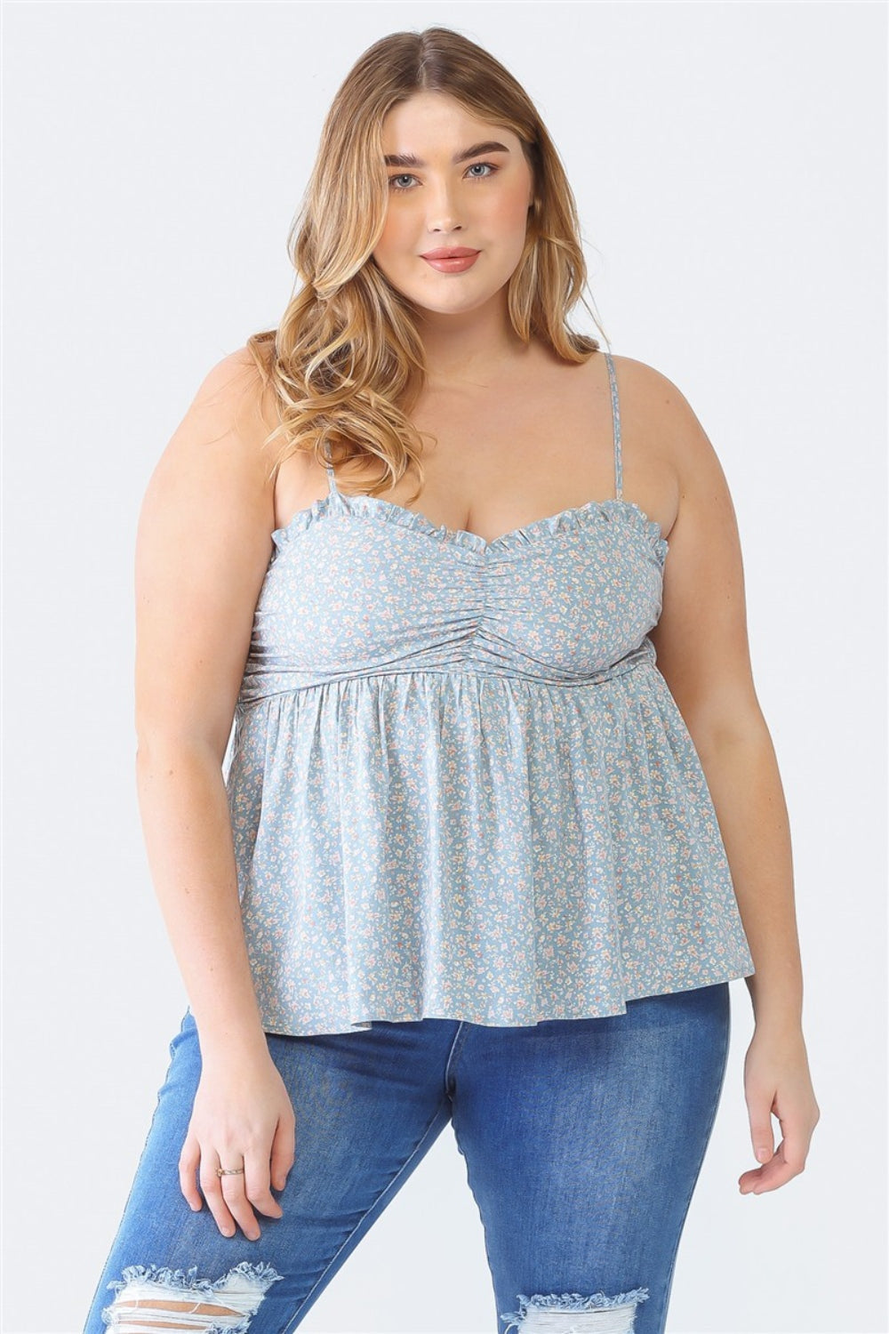 ZENOBIA FRILL SMOCKED FLORAL SWEETHEART NECK CAMI-Thriftique Marketplace