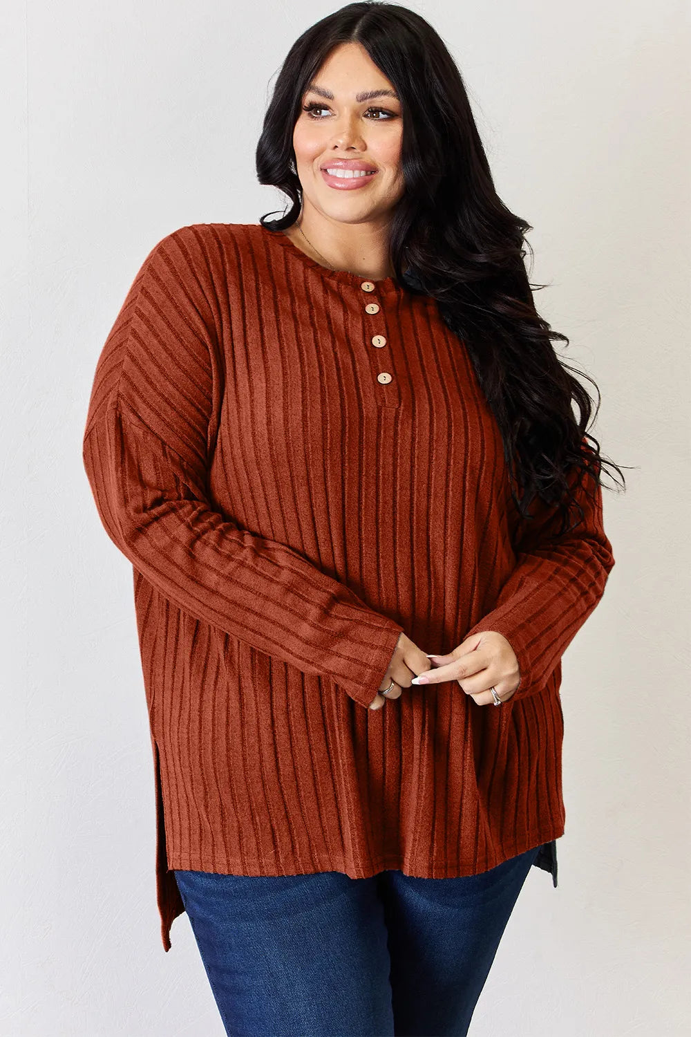 BASIC BAE FULL SIZE RIBBED HALF BUTTON LONG SLEEVE HIGH-LOW T-SHIRT