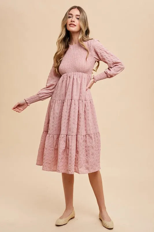 ANNIE WEAR TEXTURED SMOCKING BODICE TIERED MIDI DRESS