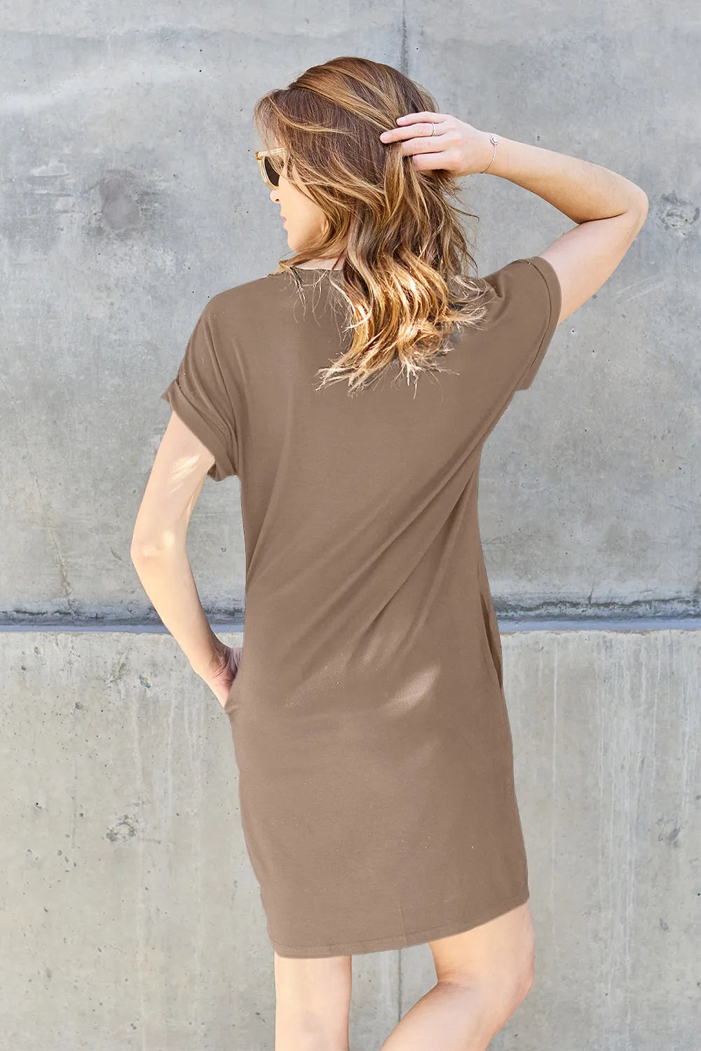 BASIC BAE FULL SIZE ROUND NECK SHORT SLEEVE DRESS WITH POCKETS