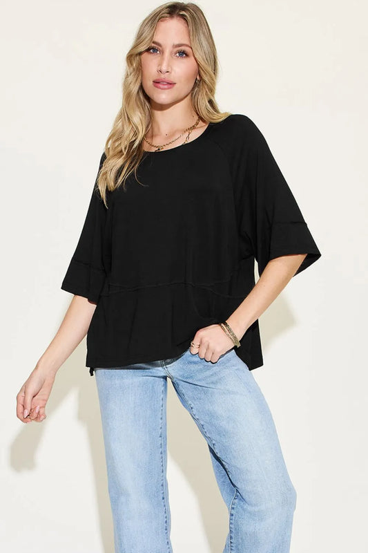 BASIC BAE FULL SIZE BAMBOO ROUND NECK EXPOSED SEAM T-SHIRT PLUS SIZE