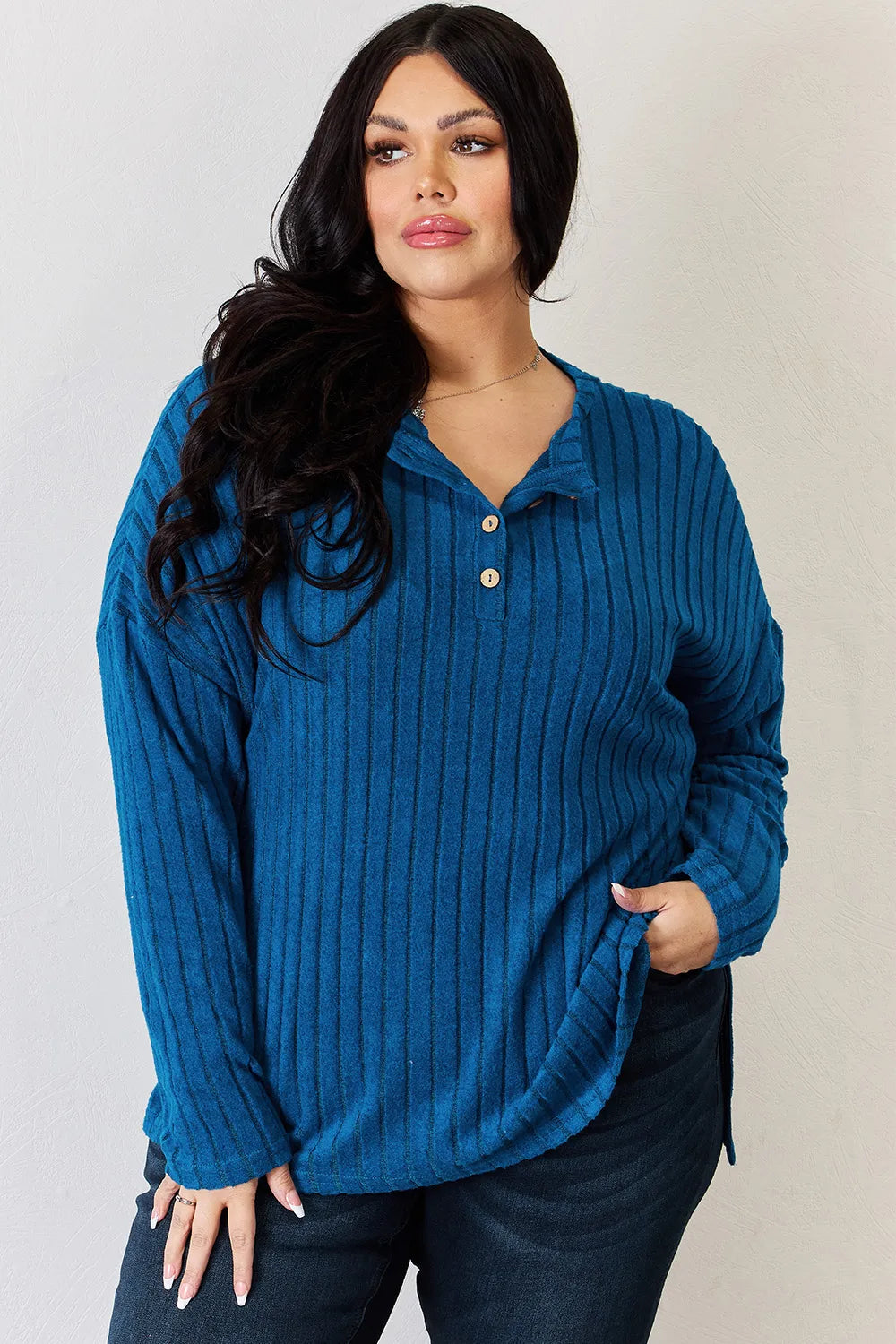 BASIC BAE FULL SIZE RIBBED HALF BUTTON LONG SLEEVE HIGH-LOW T-SHIRT