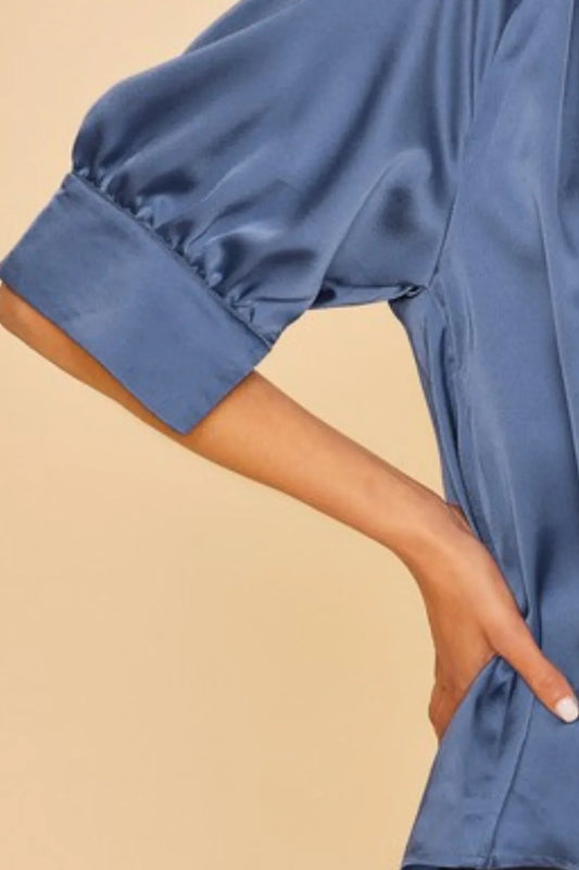 ANNIE WEAR SATIN V NECK OPEN SHORT SLEEVE WOVEN BLOUSE TOP