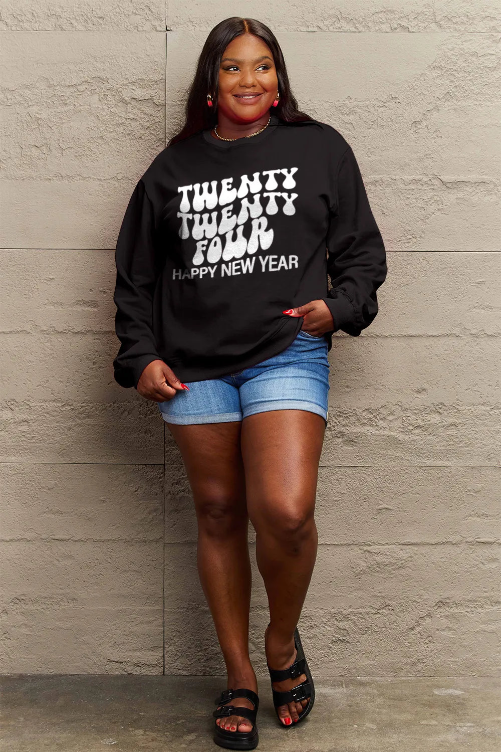 SIMPLY LOVE FULL SIZE TWENTY TWENTY FOUR HAPPY NEW YEAR DROPPED SHOULDER SWEATSHIRT