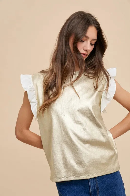 ANNIE WEAR MIX MEDIA METALLIC KNIT RUFFLE SLEEVE TOP