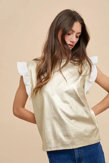 ANNIE WEAR MIX MEDIA METALLIC KNIT RUFFLE SLEEVE TOP