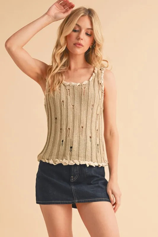 AEMI+CO DISTRESSED DETAIL ROUND NECK KNIT TANK