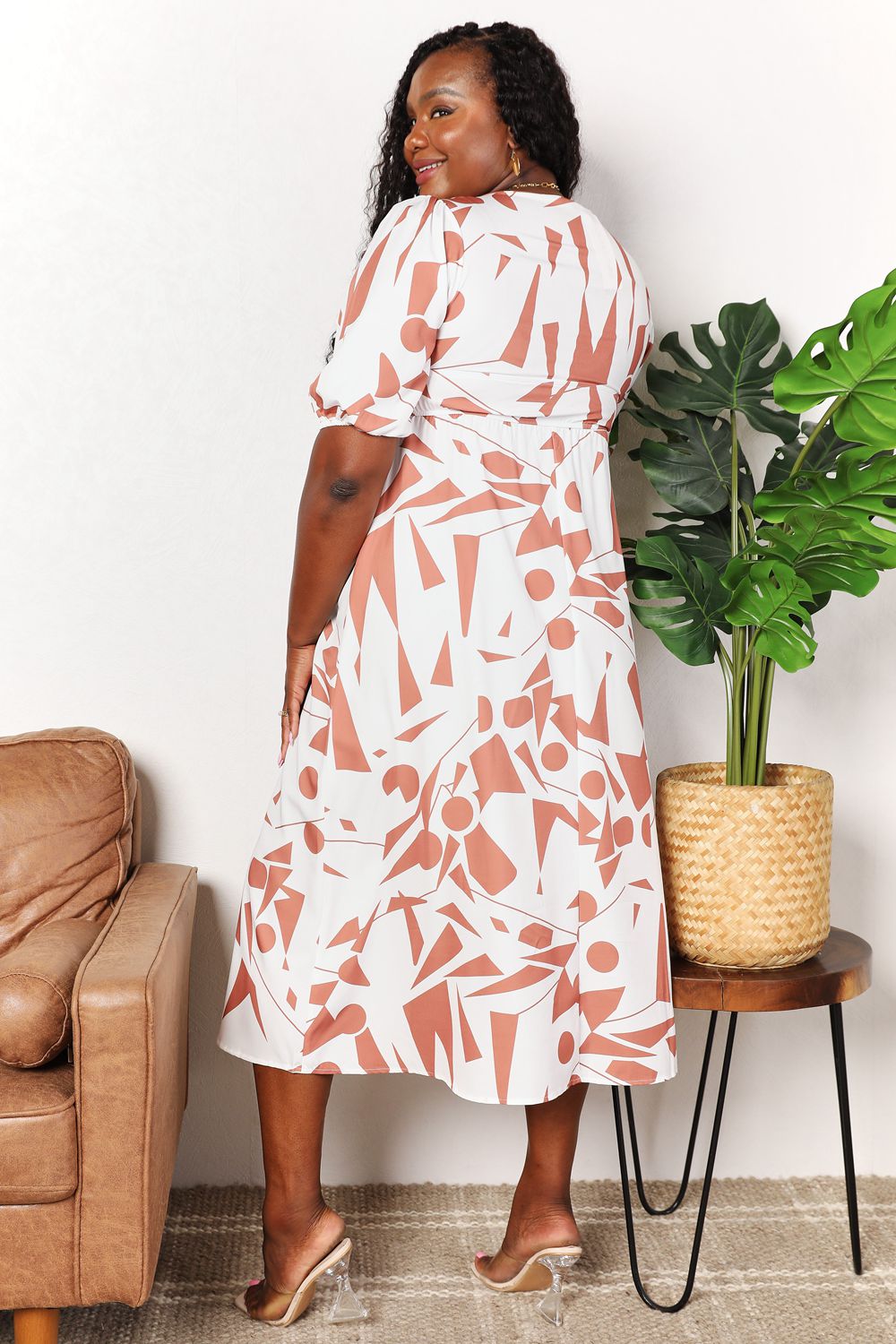 PRINTED SURPLICE BALLOON SLEEVE DRESS