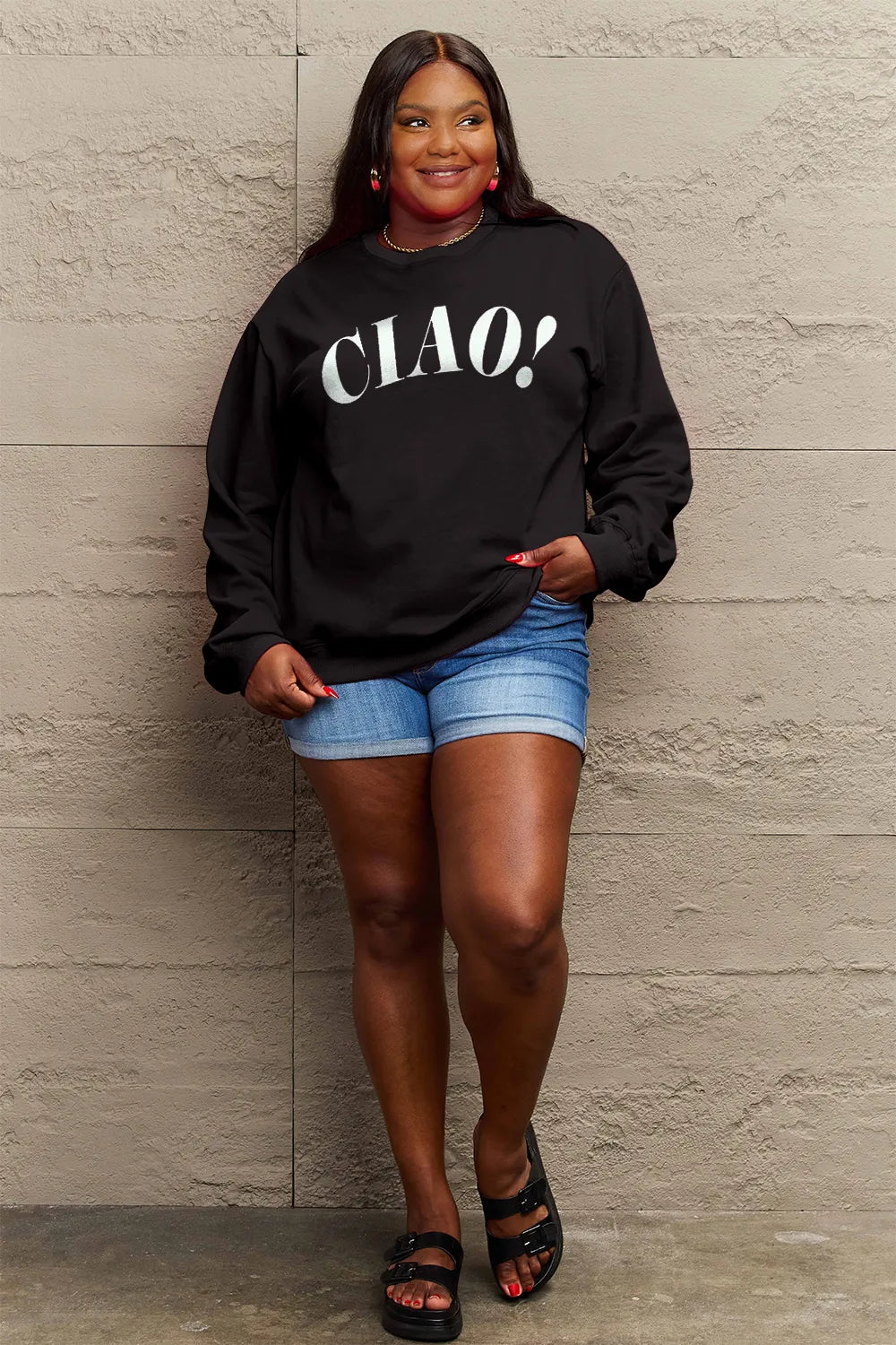 SIMPLY LOVE FULL SIZE CIAO！ROUND NECK SWEATSHIRT