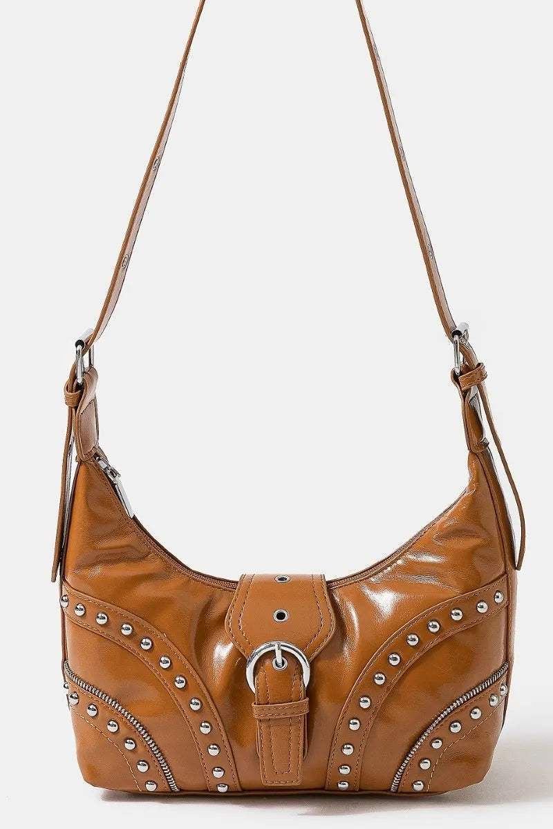 FAME FAUX LEATHER STUDDED TRIM SHOULDER BAG