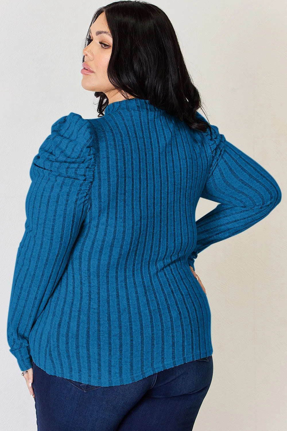 BASIC BAE FULL SIZE RIBBED MOCK NECK PUFF SLEEVE T-SHIRT