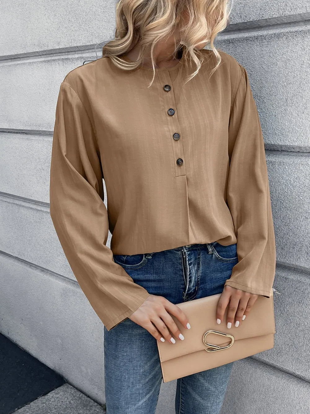 IVY LANE HALF BUTTON LONG SLEEVE BLOUSE