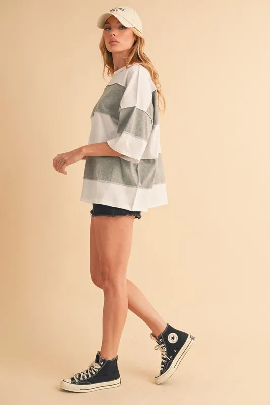 AEMI+CO COLOR BLOCK ROUND NECK SHORT SLEEVE T-SHIRT