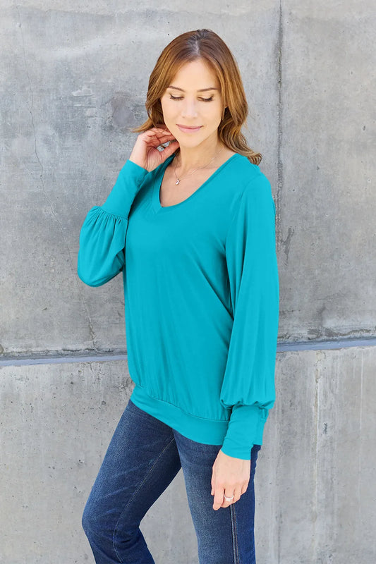 BASIC BAE FULL SIZE V-NECK LANTERN SLEEVE TOP
