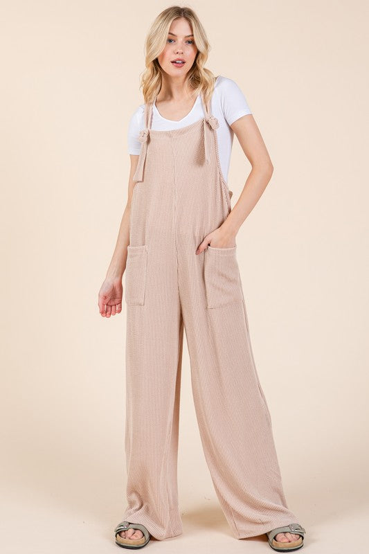 BOMBOM KNOT STRAPS WIDE LEG RIBBED OVERALLS WITH POCKETS