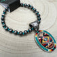 Aztec Pendant with Seed Bead and Faux Pearl and Turquoise Stretch Bracelet