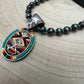 Aztec Pendant with Seed Bead and Faux Pearl and Turquoise Stretch Bracelet