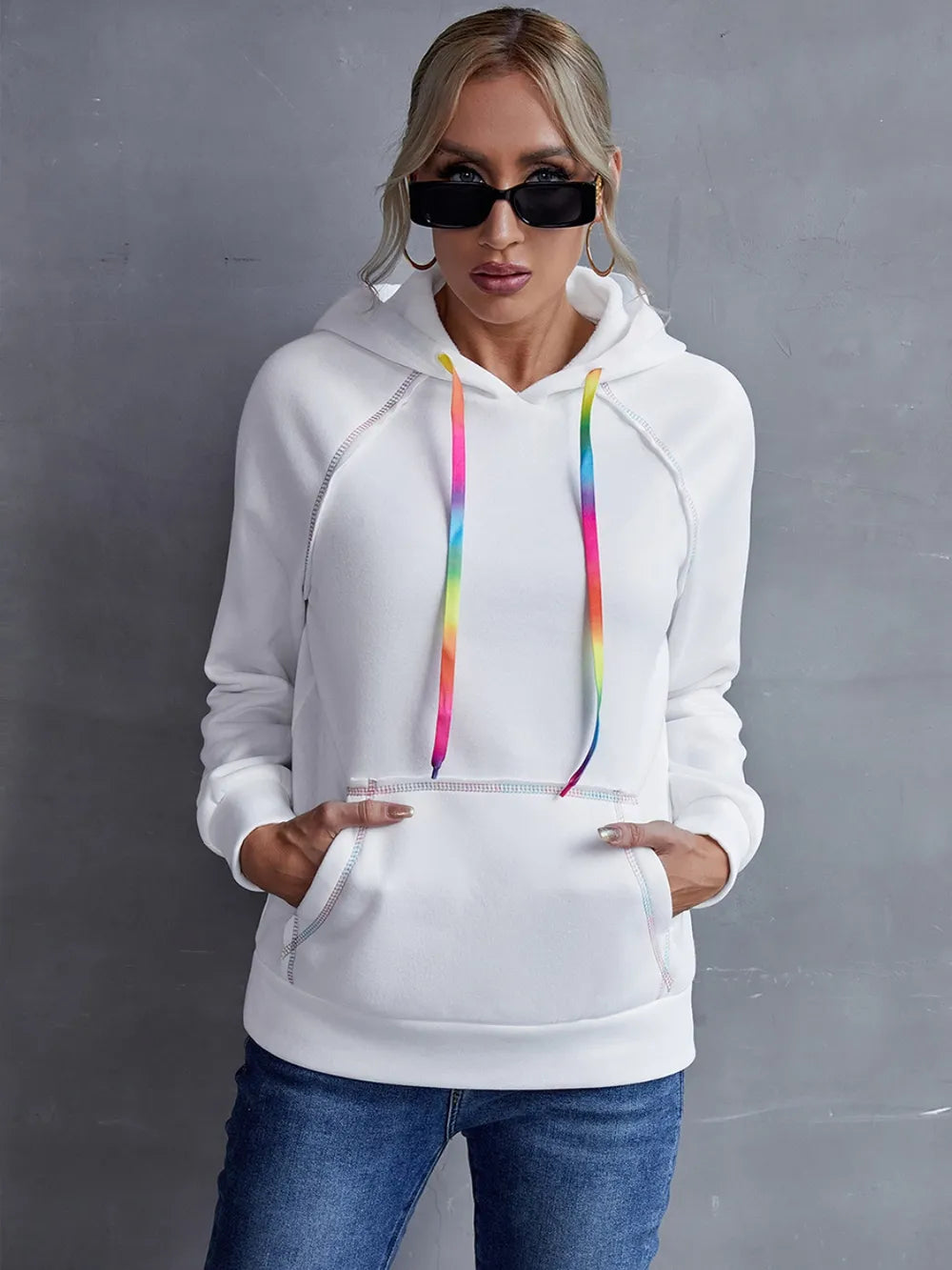 IVY LANE CONTRAST STITCHING DRAWSTRING RAGLAN SLEEVE HOODIE