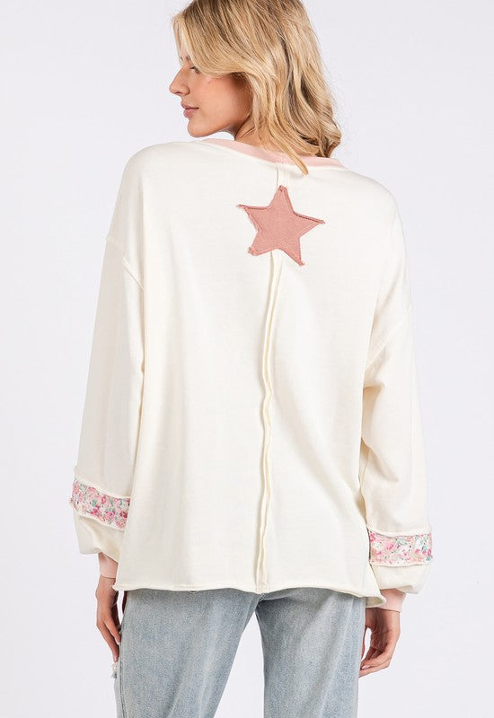 SAGE + FIG PEACE & STAR PATCH CONTRAST ROUND NECK SWEATSHIRT