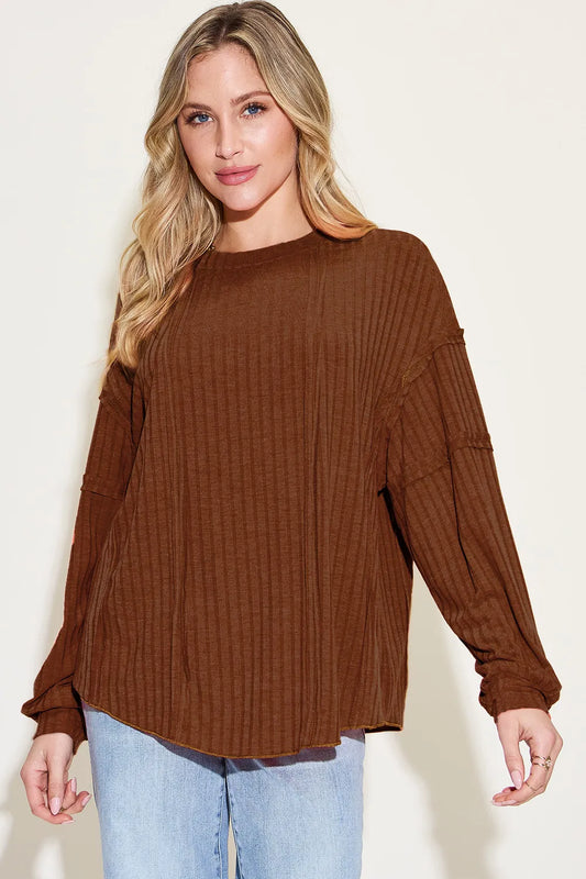 BASIC BAE FULL SIZE RIBBED ROUND NECK LONG SLEEVE T-SHIRT