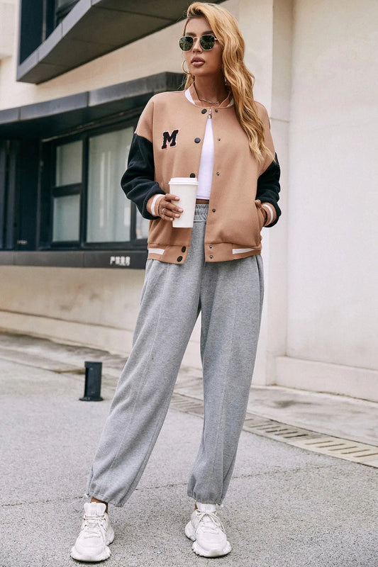 IVY LANE CONTRAST BASEBALL COLLAR SNAP DOWN JACKET