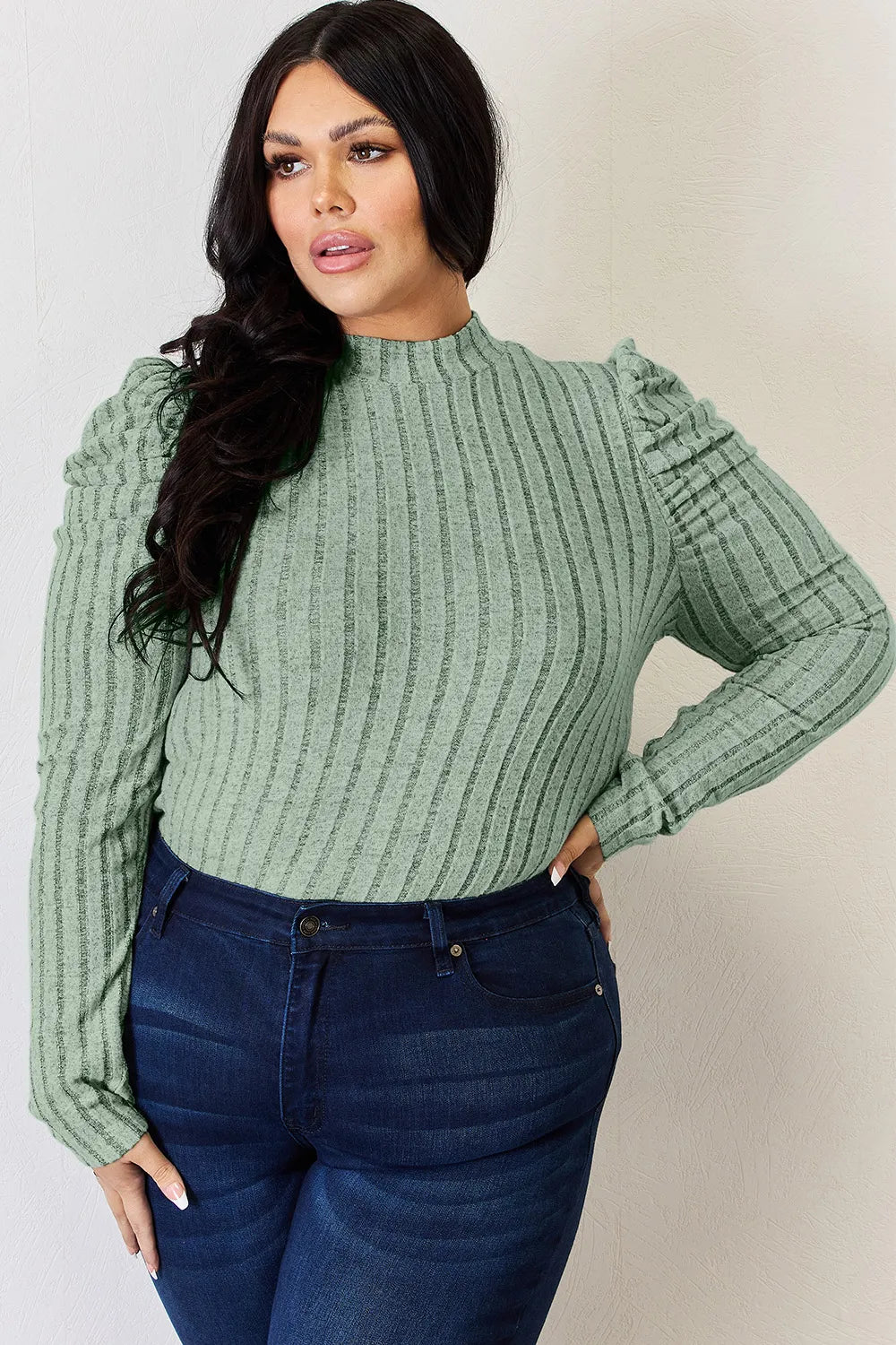 BASIC BAE FULL SIZE RIBBED MOCK NECK PUFF SLEEVE T-SHIRT