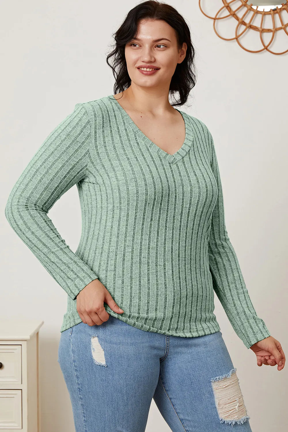 BASIC BAE FULL SIZE RIBBED V-NECK LONG SLEEVE T-SHIRT