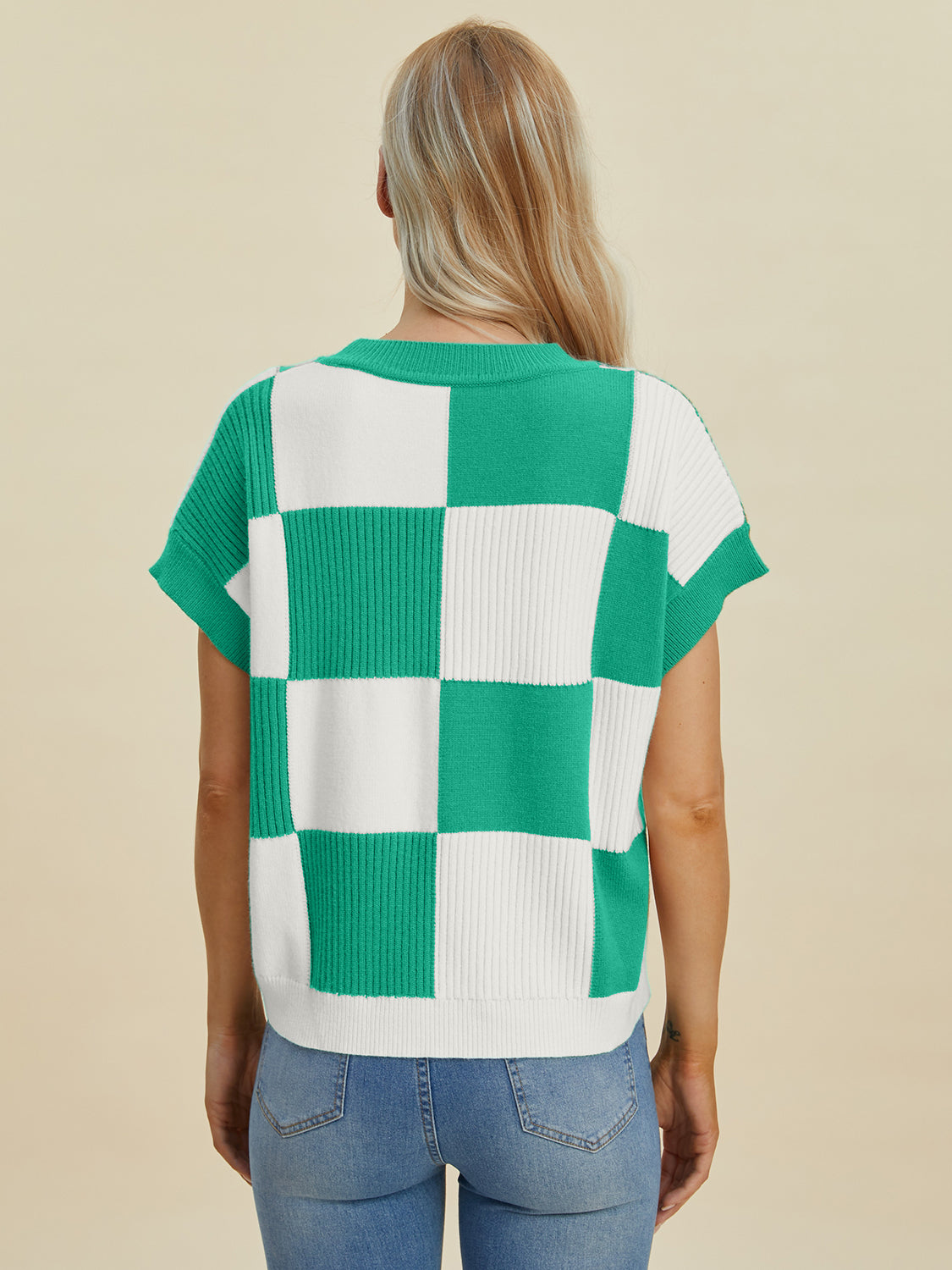 DOUBLE TAKE FULL SIZE CHECKERED ROUND NECK SHORT SLEEVE SWEATER