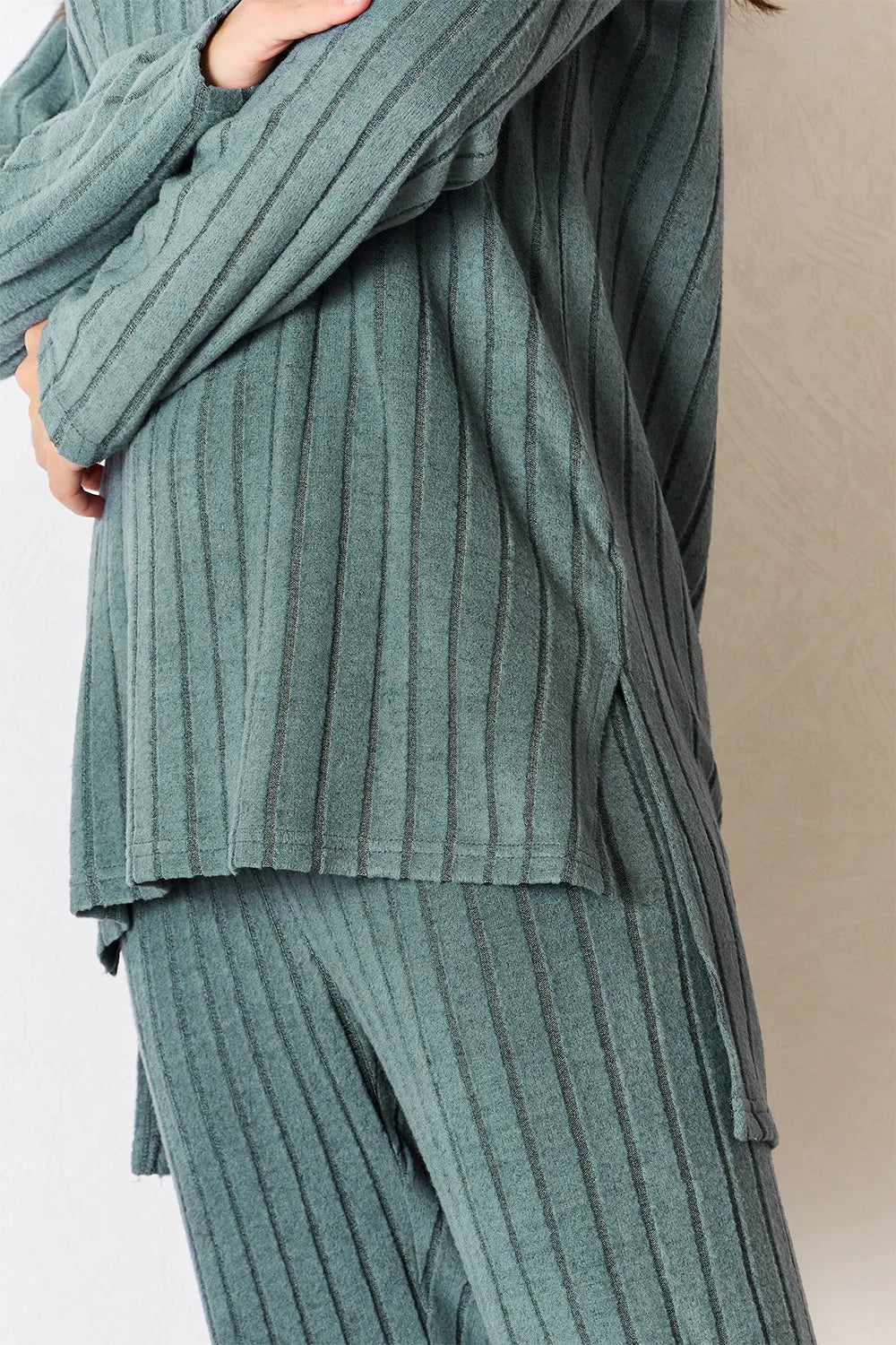 BASIC BAE FULL SIZE RIBBED ROUND NECK HIGH-LOW SLIT TOP AND PANTS SET