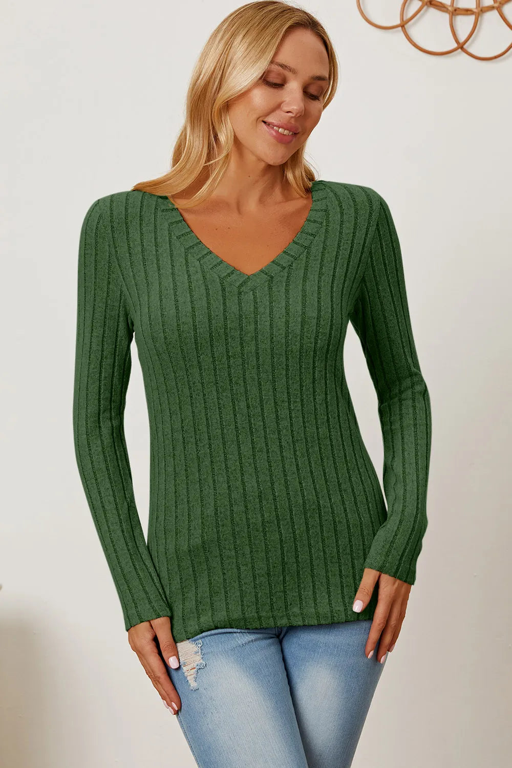 BASIC BAE FULL SIZE RIBBED V-NECK LONG SLEEVE T-SHIRT
