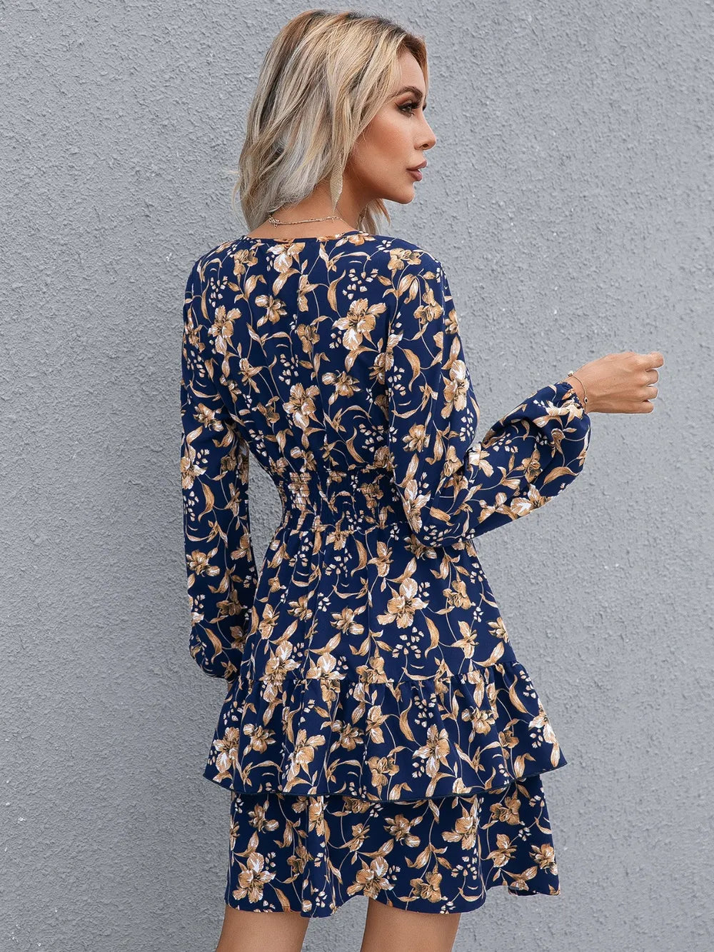 IVY LANE FLORAL LAYERED SURPLICE BALLOON SLEEVE DRESS