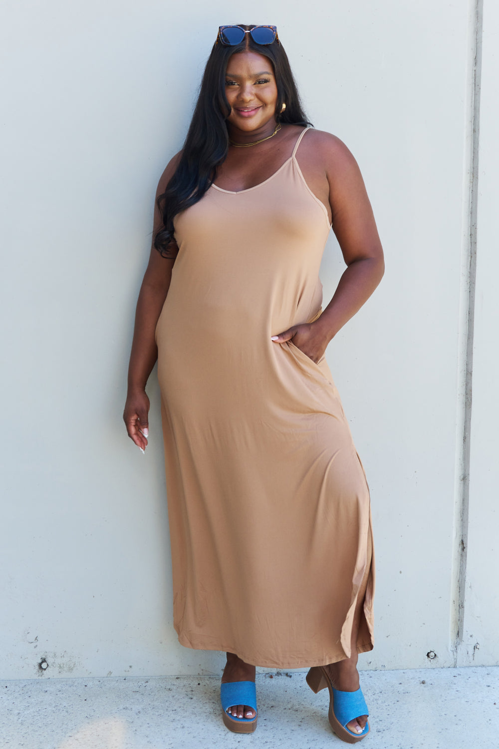 NINEXIS GOOD ENERGY FULL SIZE CAMI SIDE SLIT MAXI DRESS IN CAMEL