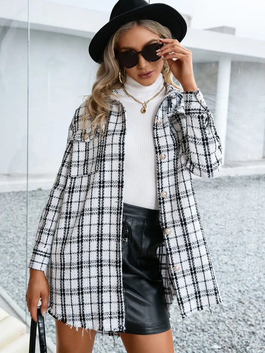 IVY LANE PLAID POCKETED BUTTON UP DROPPED SHOULDER JACKET