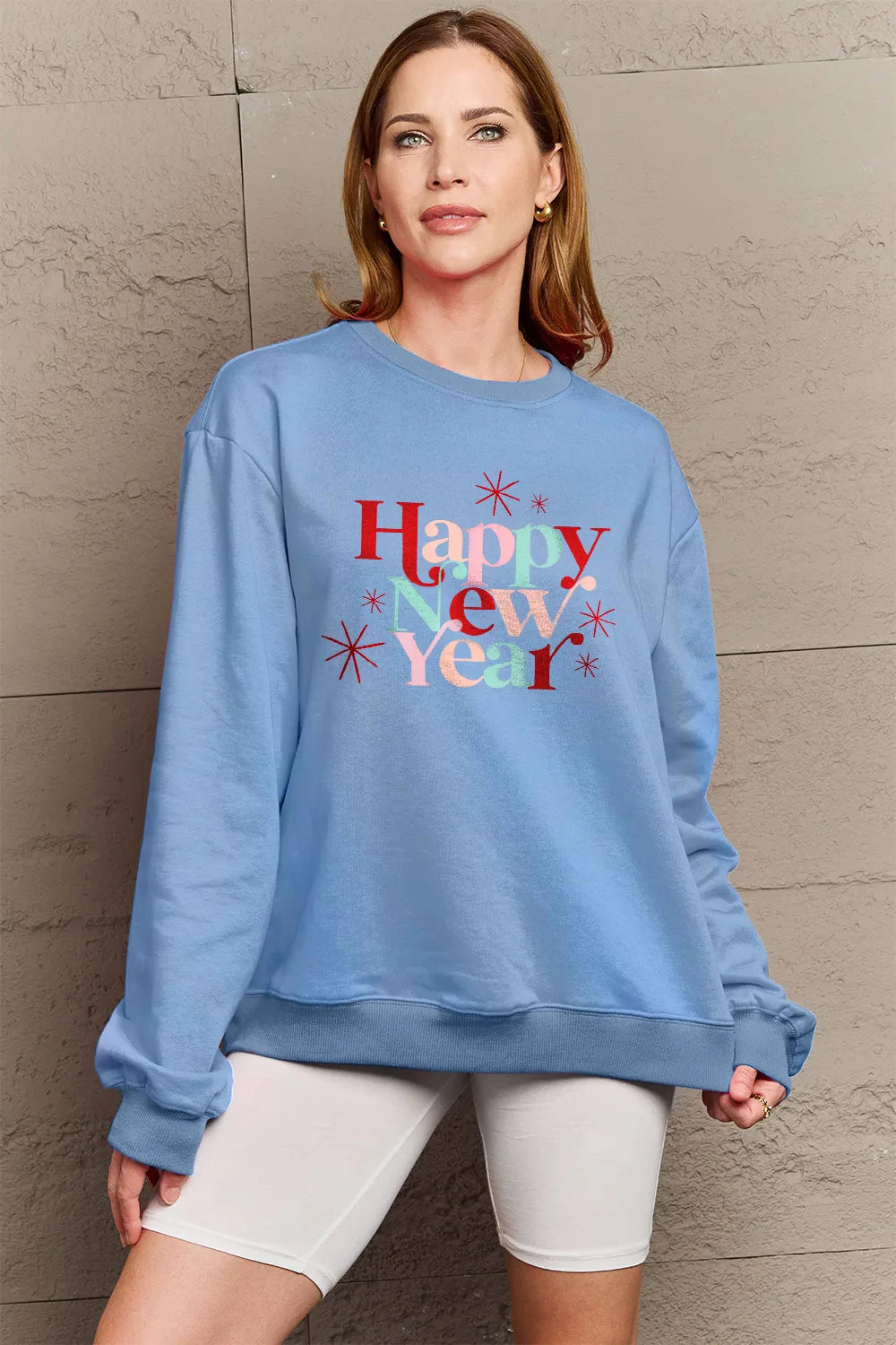 SIMPLY LOVE FULL SIZE HAPPY NEW YEAR ROUND NECK SWEATSHIRT