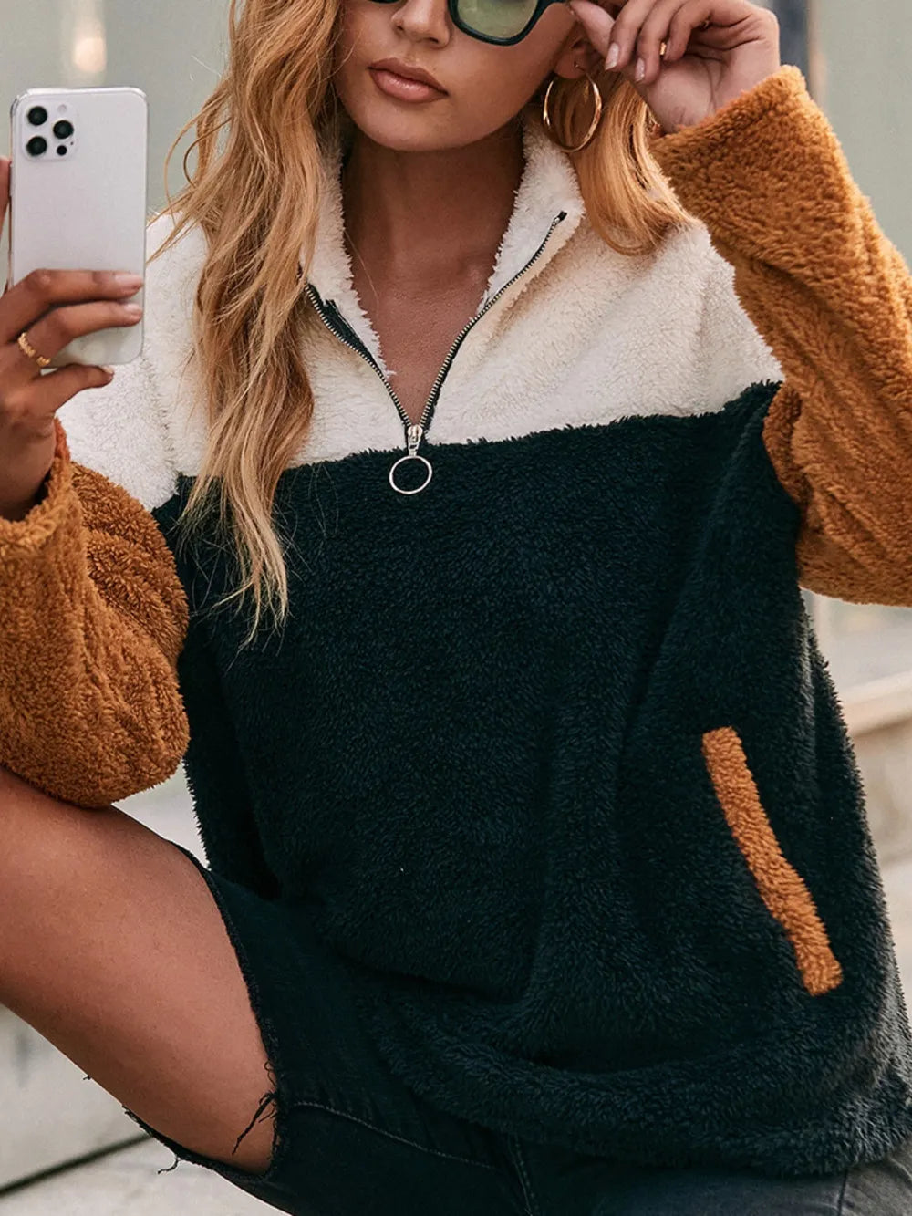 IVY LANE COLOR BLOCK QUARTER ZIP DROPPED SHOULDER SWEATSHIRT