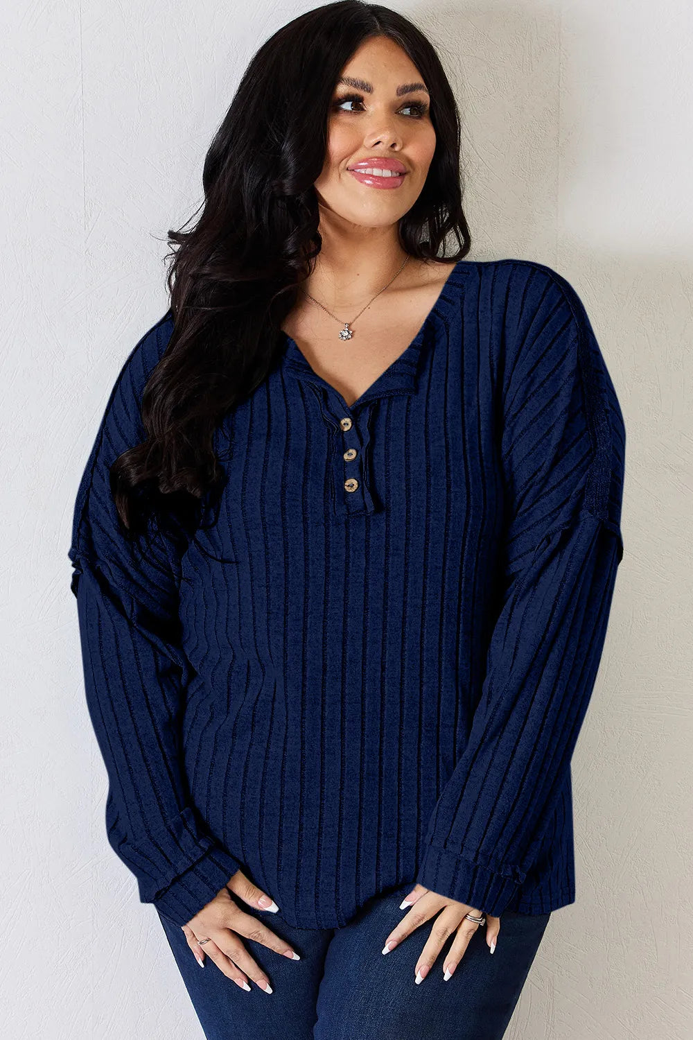 BASIC BAE FULL SIZE RIBBED HALF BUTTON LONG SLEEVE T-SHIRT