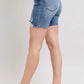 JUDY BLUE BUTTON FLY MID LENGTH DENIM SHORTS W/ DESTROY