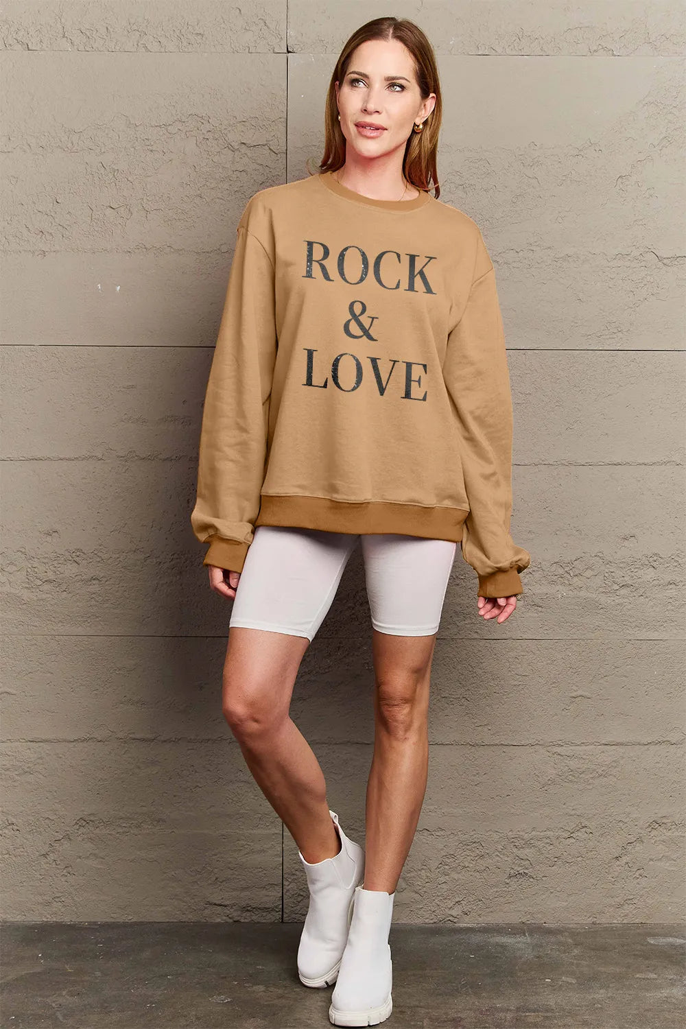 SIMPLY LOVE FULL SIZE ROCK ＆ LOVE ROUND NECK SWEATSHIRT