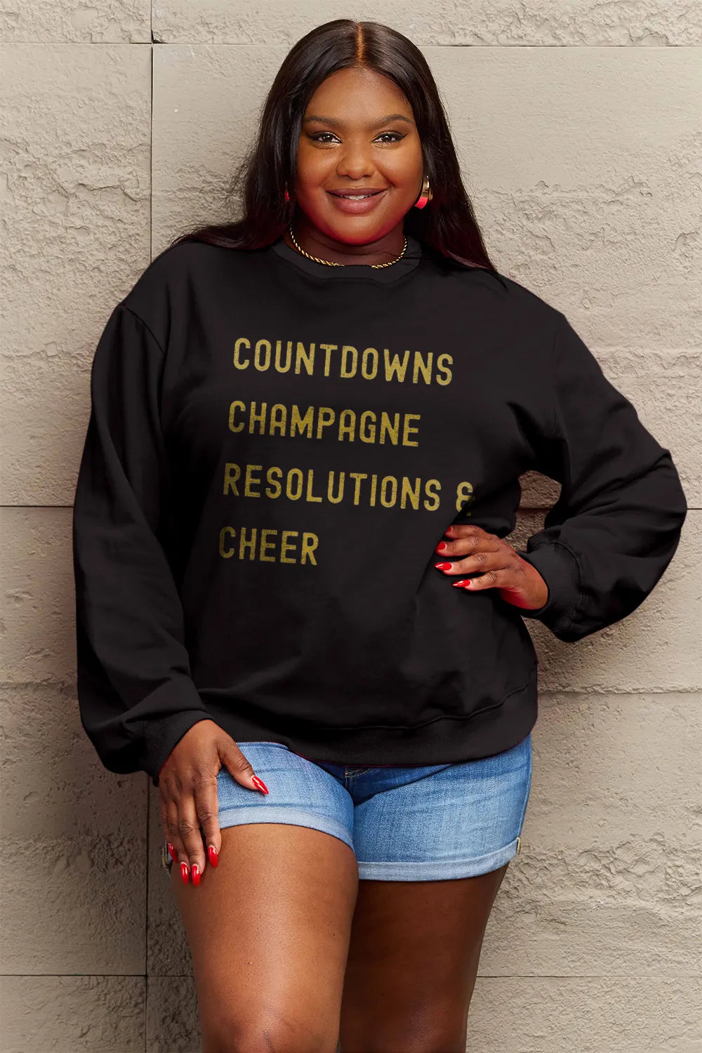 SIMPLY LOVE FULL SIZE COUNTDOWNS CHAMPAGNE RESOLUTIONS & CHEER ROUND NECK SWEATSHIRT