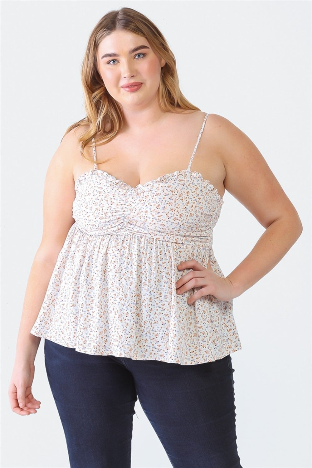 ZENOBIA PLUS SIZE FRILL SMOCKED FLORAL SWEETHEART NECK CAMI