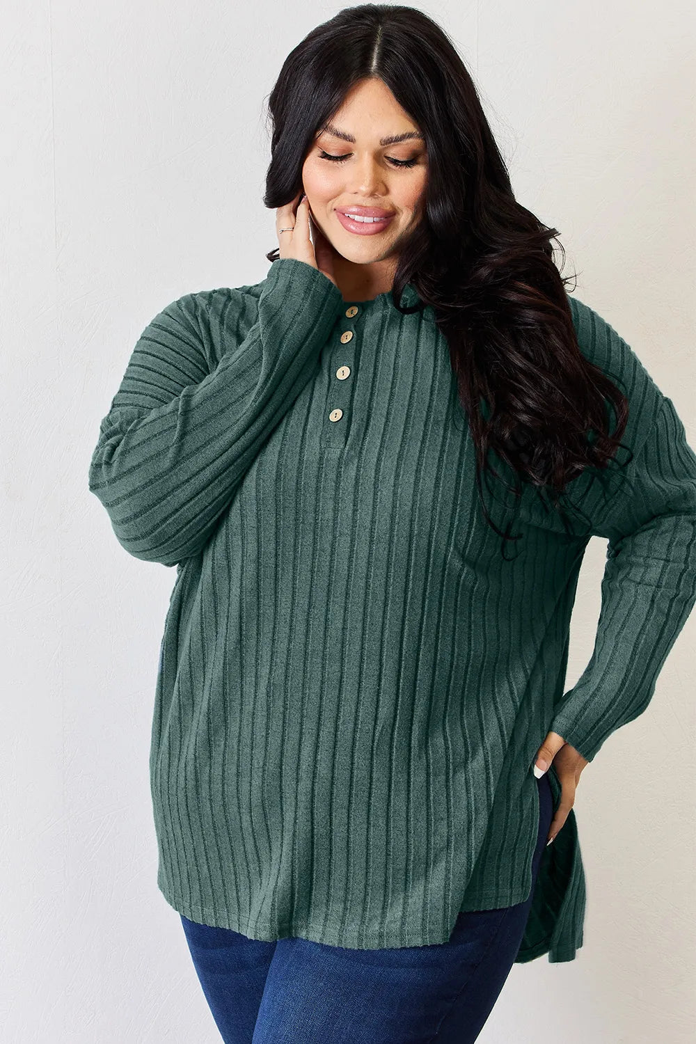BASIC BAE FULL SIZE RIBBED HALF BUTTON LONG SLEEVE HIGH-LOW T-SHIRT