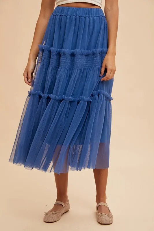 ANNIE WEAR TULLE TIERED MIDI SKIRT