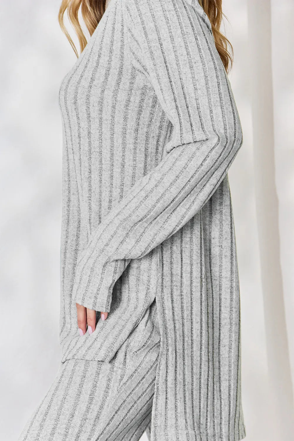 BASIC BAE FULL SIZE RIBBED HIGH-LOW TOP AND WIDE LEG PANTS SET