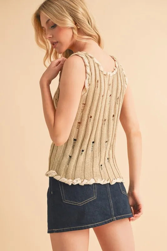 AEMI+CO DISTRESSED DETAIL ROUND NECK KNIT TANK