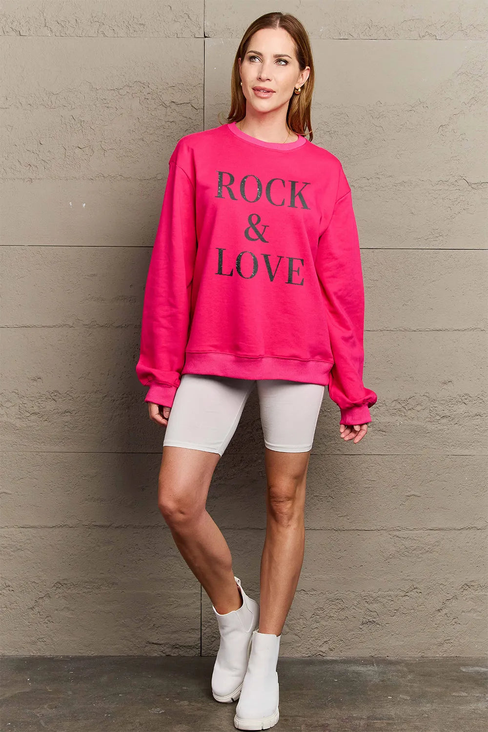 SIMPLY LOVE FULL SIZE ROCK ＆ LOVE ROUND NECK SWEATSHIRT