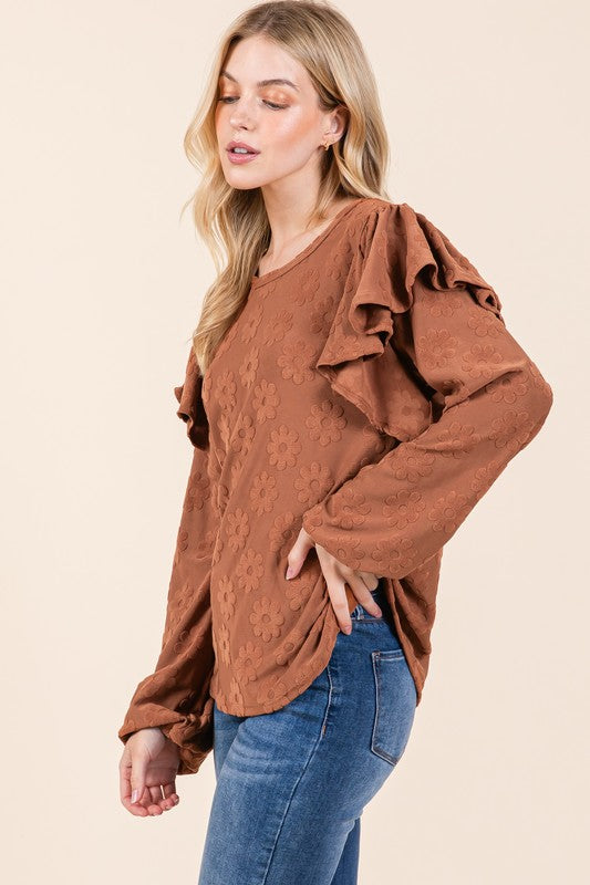 BOMBOM RUFFLED FLOWER ROUND NECK BLOUSE