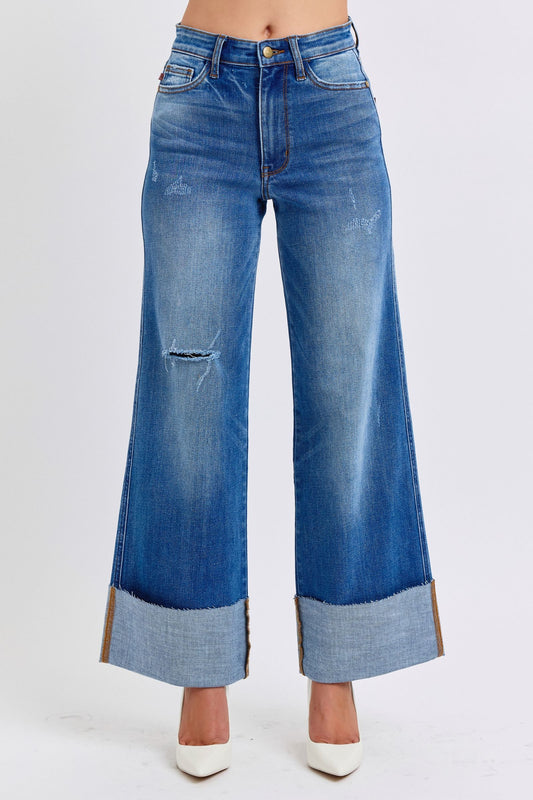 JUDY BLUE FULL SIZE DISTRESSED HIGH WAIST WIDE LEG JEANS