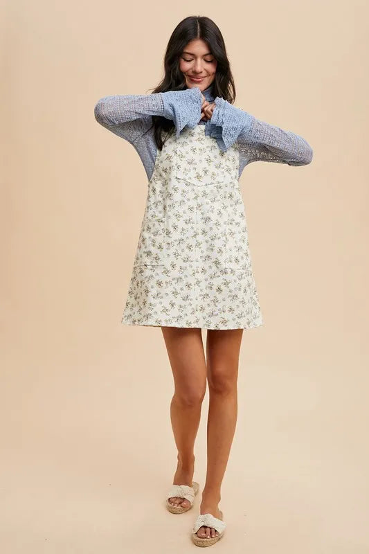 ANNIE WEAR STRETCH DITSY PRINT DENIM OVERALL MINI DRESS